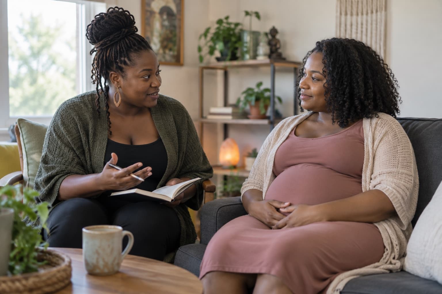 Illustrative scene of a Black doula consulting with a pregnant client
